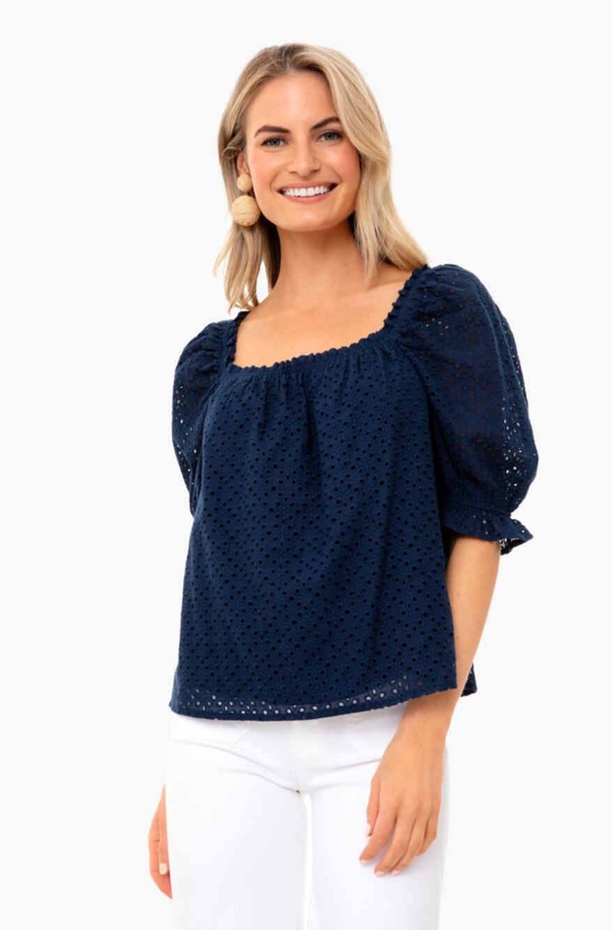 POMANDER PLACE x TUCKERNUCK Iris Eyelet Short Sleeve Top in Navy Blue